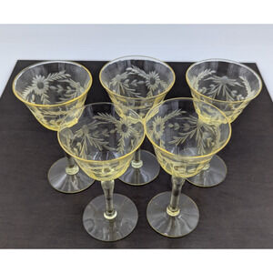Vintage Liquor Cordials Yellow Etched Floral Sherry Wine Glasses Set of 5